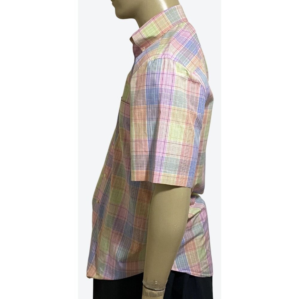 Peter Millar Men's Medium Short Sleeve Button Front Plaid Shirt Pink Yellow Blue - Picture 6 of 11